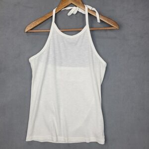 Gap Tank Top Women's Large White Cotton Stretch Ribbed Halter Neck Plunge Back‎